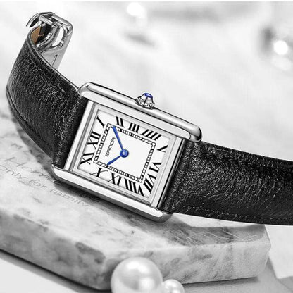 Square Timepiece in Stainless Steel and Black Leather | Solstice